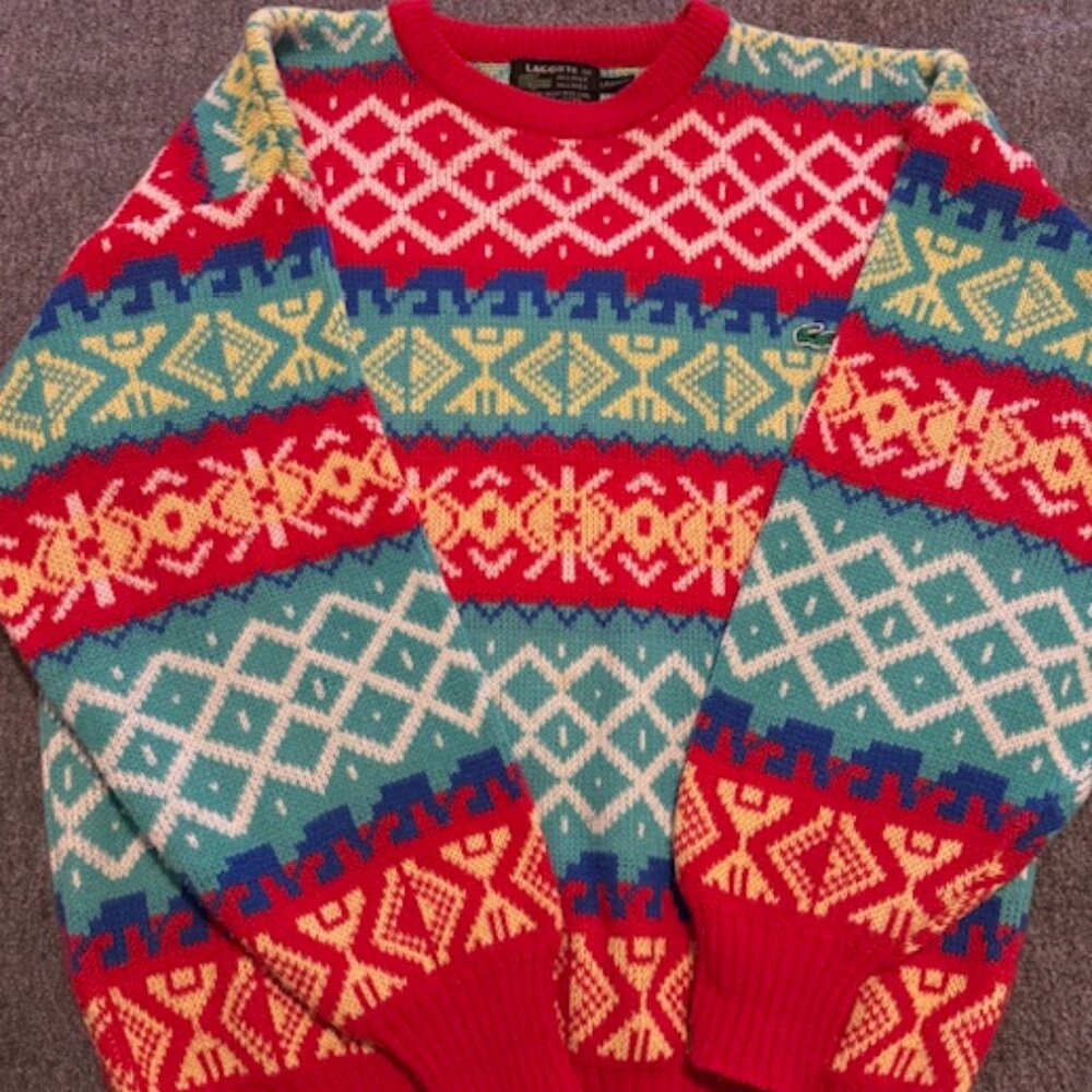 Vintage Lacoste Sweater Pullover Men’s Size Medium Red White Blue Winter Pattern